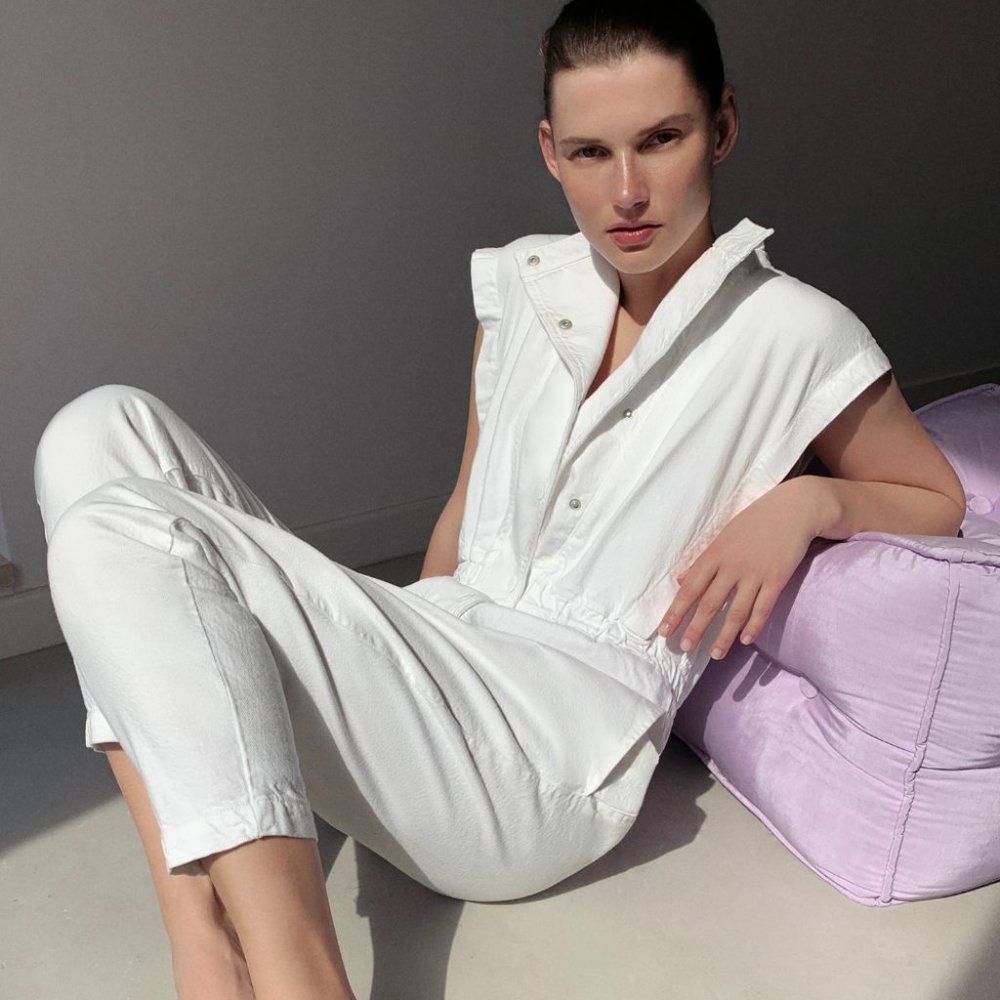 Zara White Denim Jumpsuit